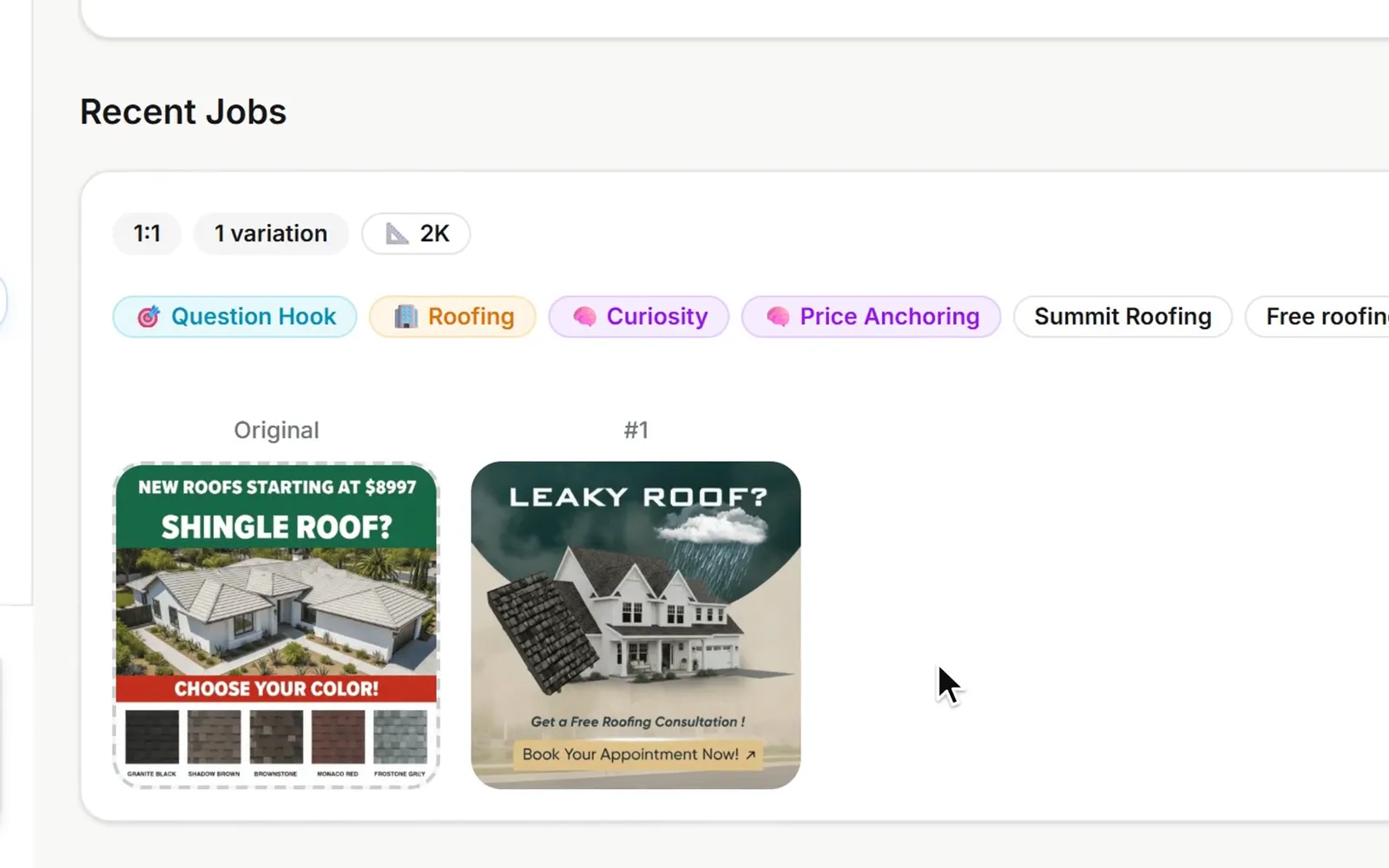 A competitor's roofing ad is pasted into the Ad Copier with a new offer, the AI reads its hook, layout and offer, and Summit Roofing's own version appears next to the original.