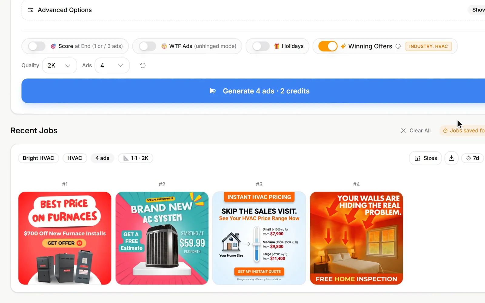 A saved brand fills in the business, industry and logo, Winning Offers is switched on, and four finished HVAC ads appear one by one for 2 credits; one is opened, sized and downloaded.