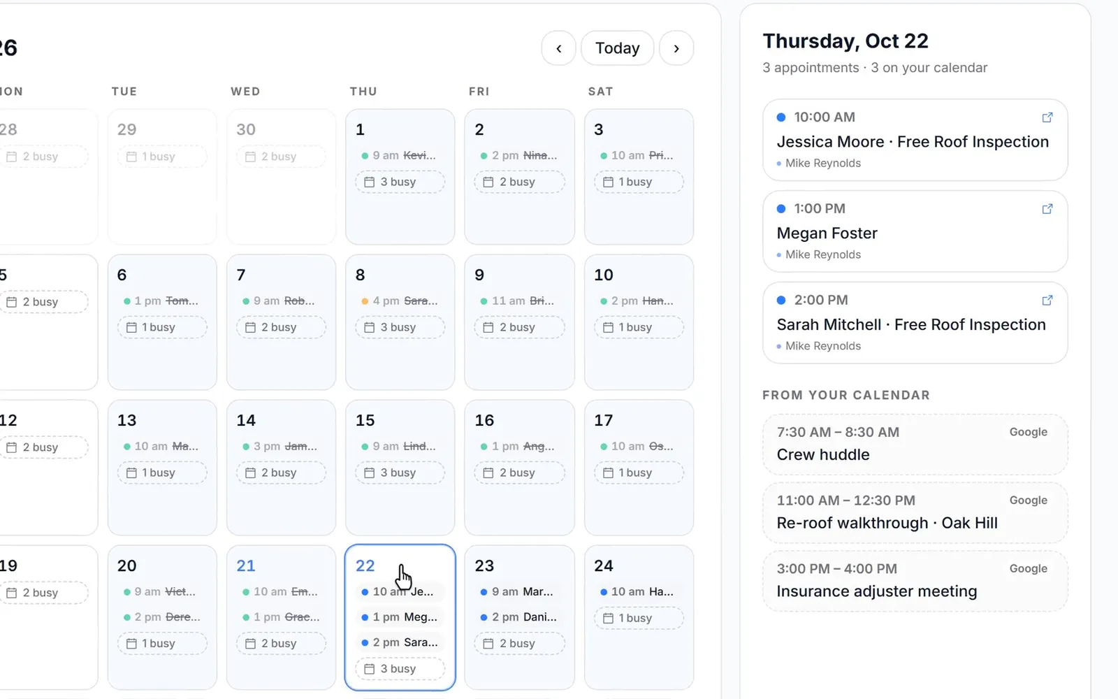 A customer opens Summit Roofing's booking page, picks tomorrow at 1:00 PM from the only open times, books with her name and phone, and the appointment appears on the CRM calendar between the owner's Google Calendar events.