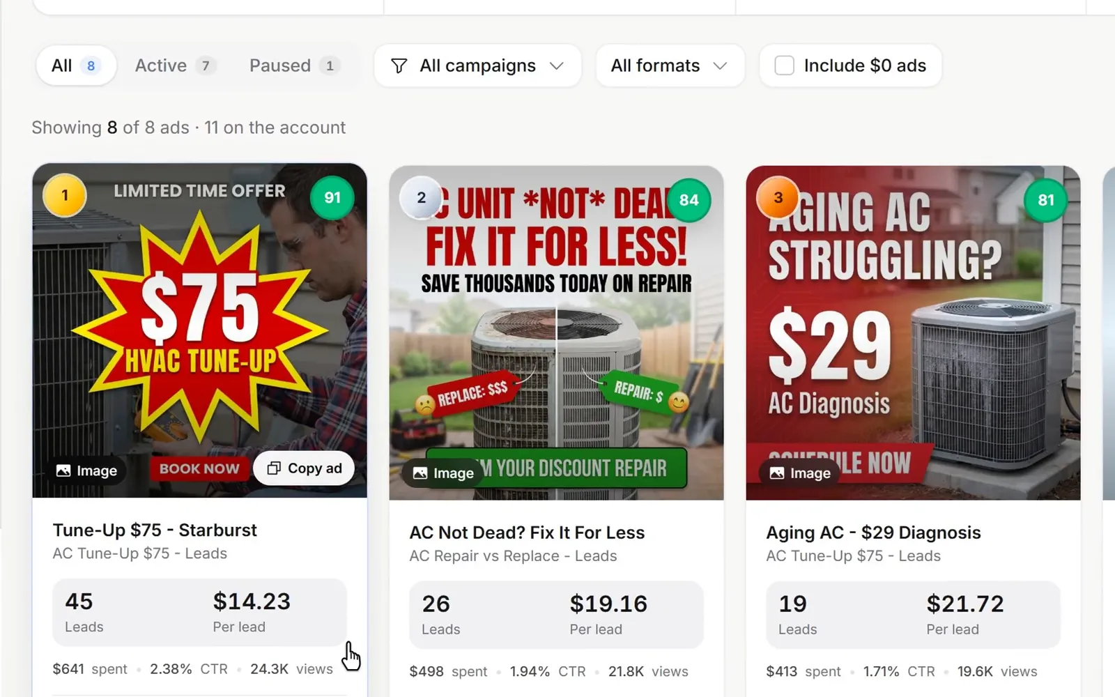 Bright HVAC's Meta ads ranked by leads over the last 7 days, an AI read of six client ad accounts, the Auto-Pause rule's log showing the losing ad paused at $44.75 a lead, and the best ad at 45 leads for $14.23 each.